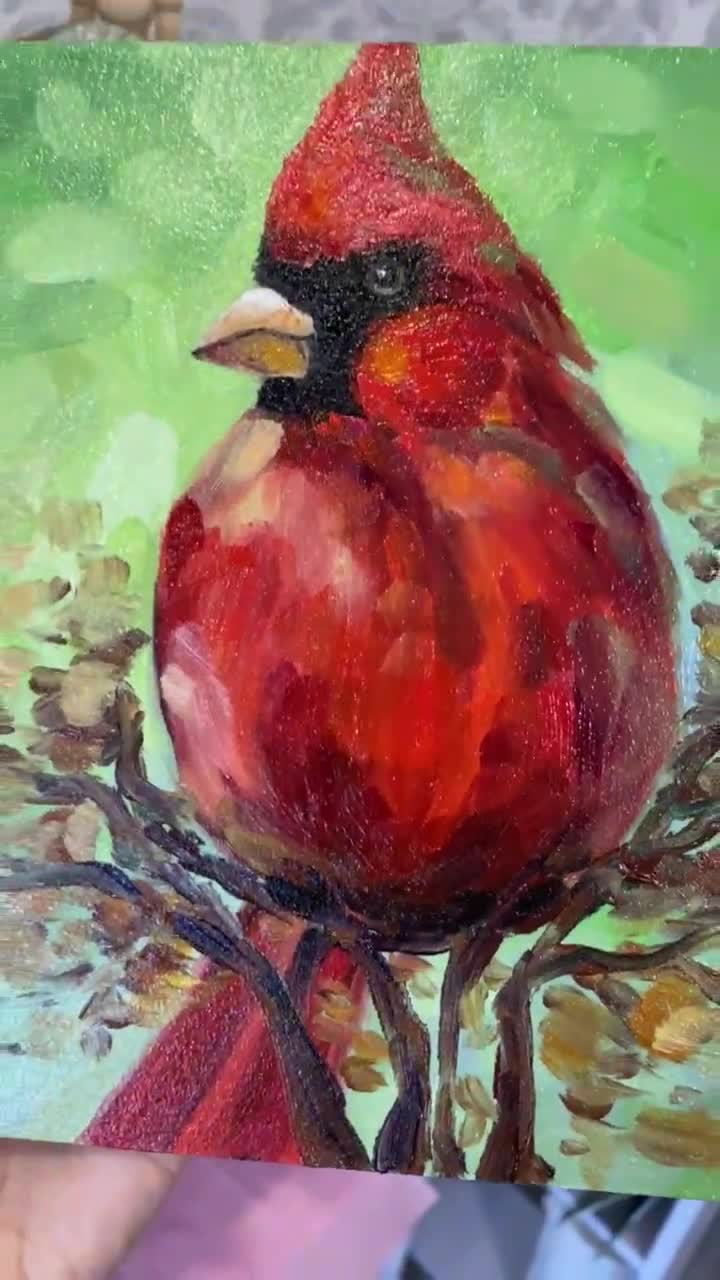 インパストカーディナルペインティング：オリジナルの赤い鳥油絵