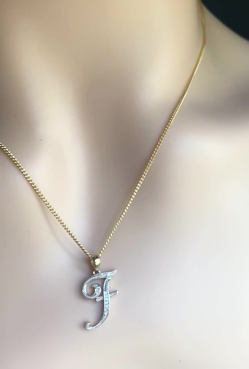 F Initial Pendant, 10K Solid Gold Diamond, Script Initial Necklace,  Birthday Gift for Women,