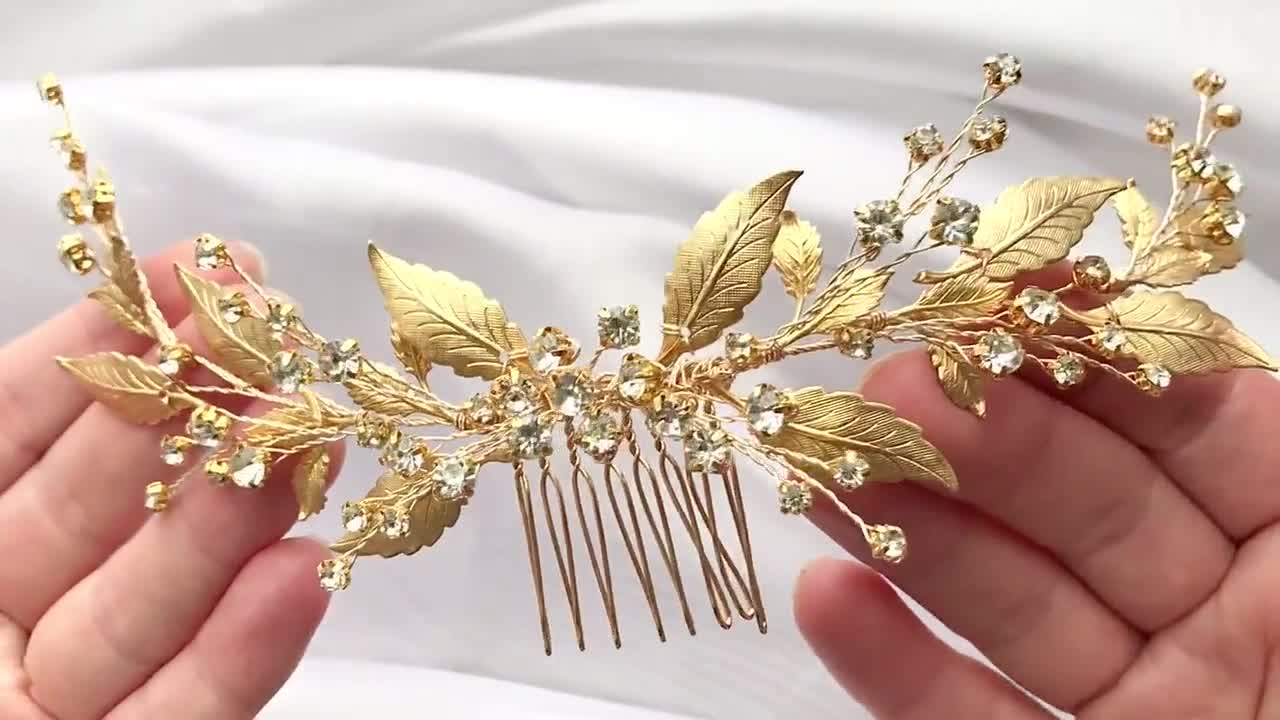 Greek wedding headpiece gold Bridal comb leaves Hair accessories for bride Hairpiece crystal outlets Brass hair comb