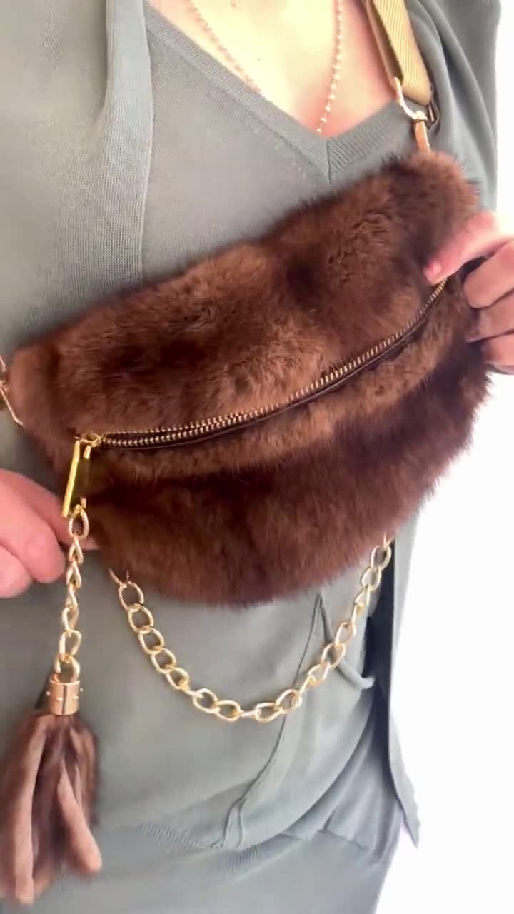 Real Mink Fur Bumbag in Tan Brown With Chain and Zipper 