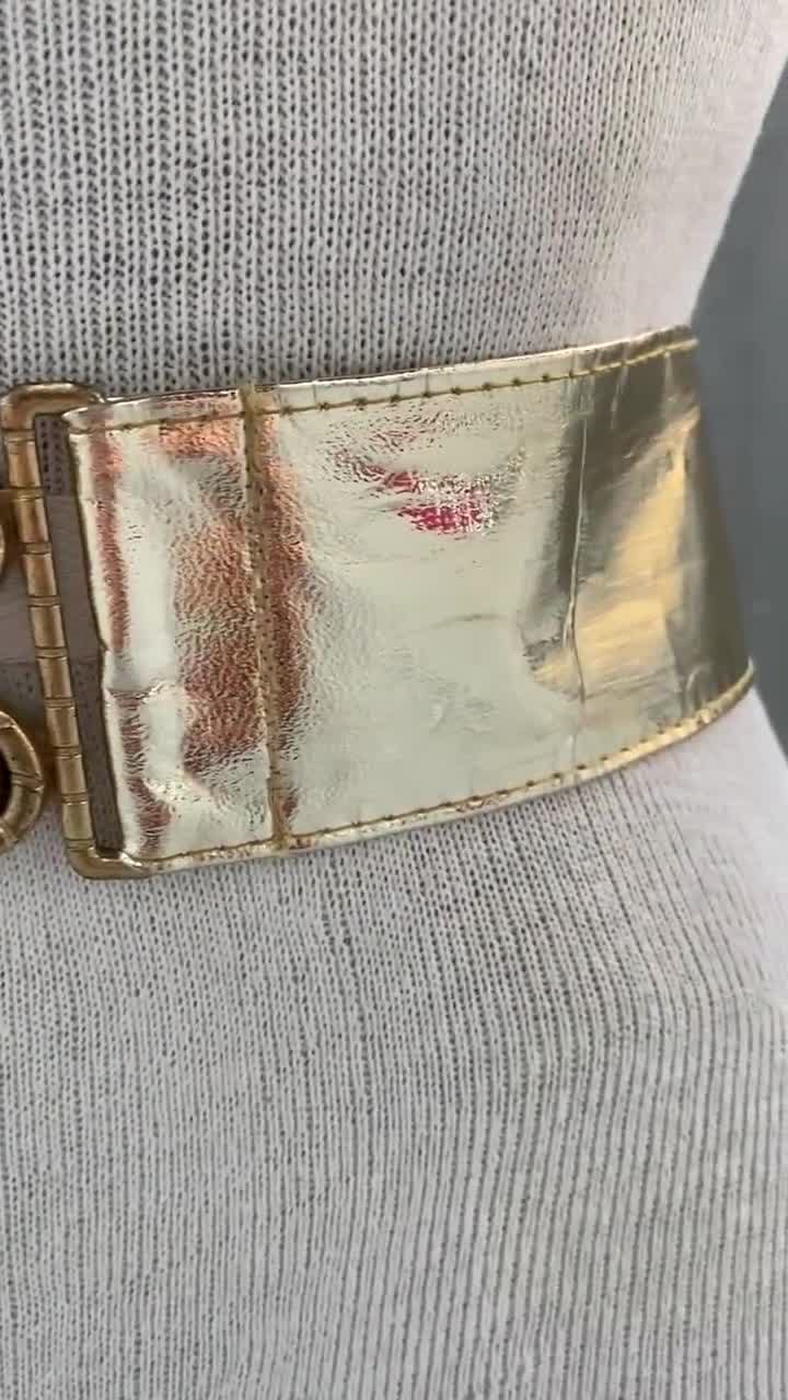 80s Gold Metallic Belt, Gold Tone Waistband, Glam Rock