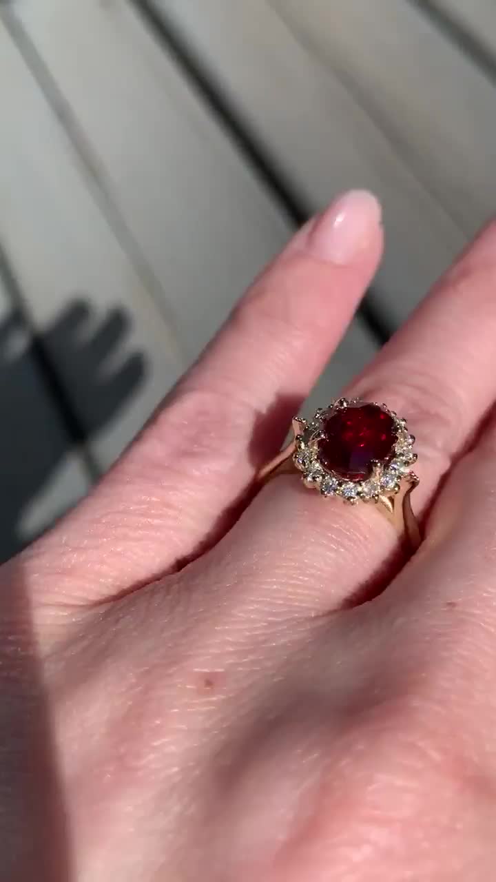 halo Diamond Ruby Engagement Ring 14k Gold 5mm Gemstone