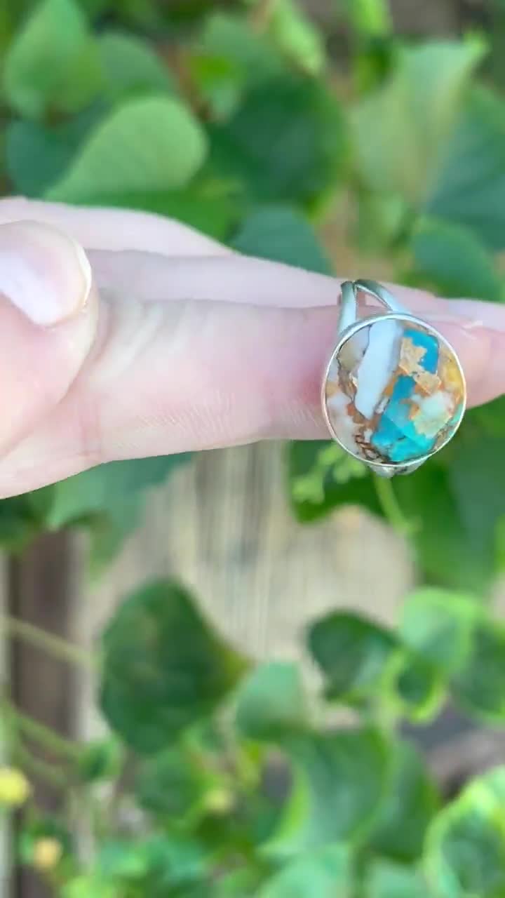 Bague Cocktail Argent 925 – Turquoise Huître épineuse Naturelle – Deux Tons – Taille 5.5 – R-1589