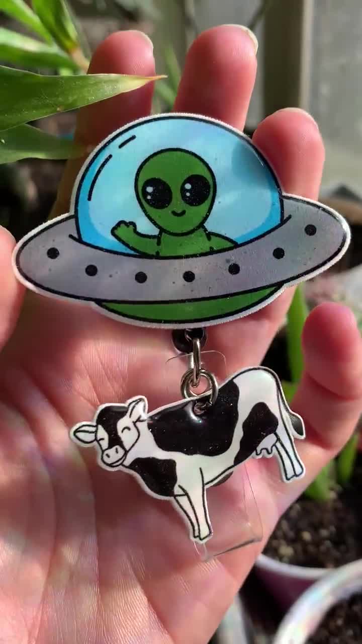 UFO Alien Cow Abduction Funny Retractable Badge Reel With Alligator Clip  for Doctor Nurses Housekeeper Badges or More New Addition Bigfoot 