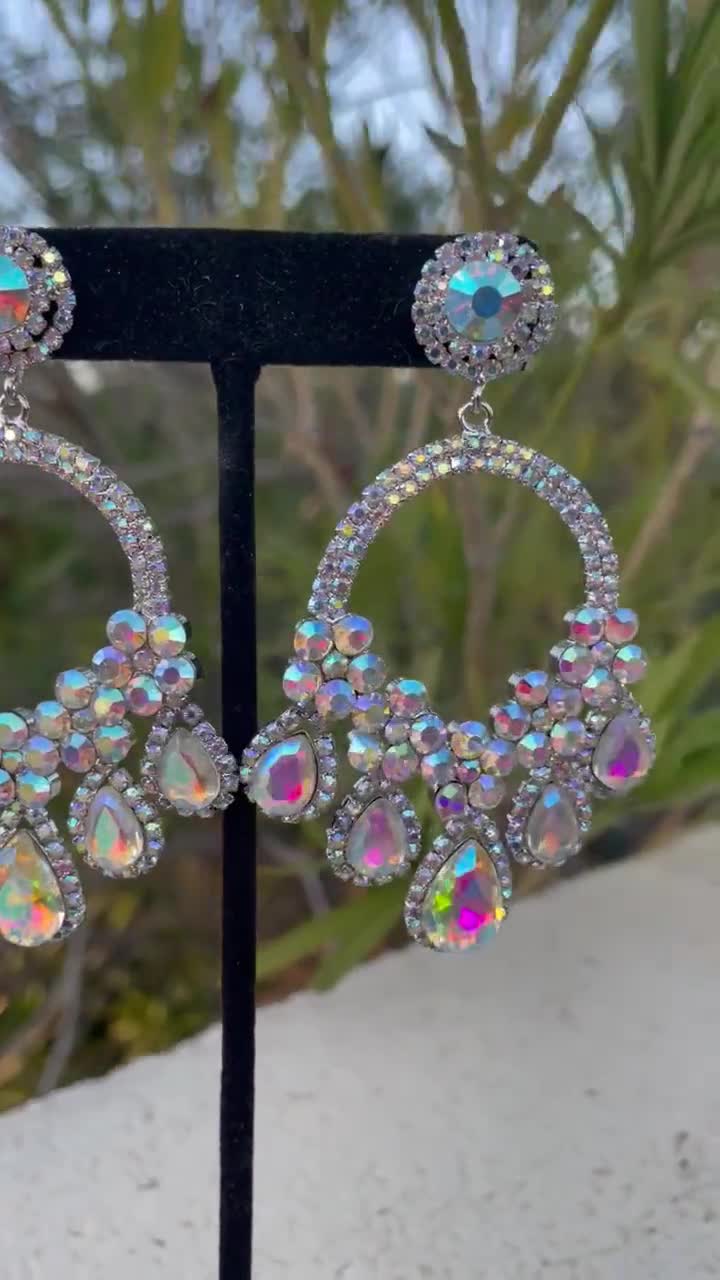 Ab Rhinestone Hoop Earrings Aurora Borealis Dangle Earrings, Iridescent Crystal  Earrings 