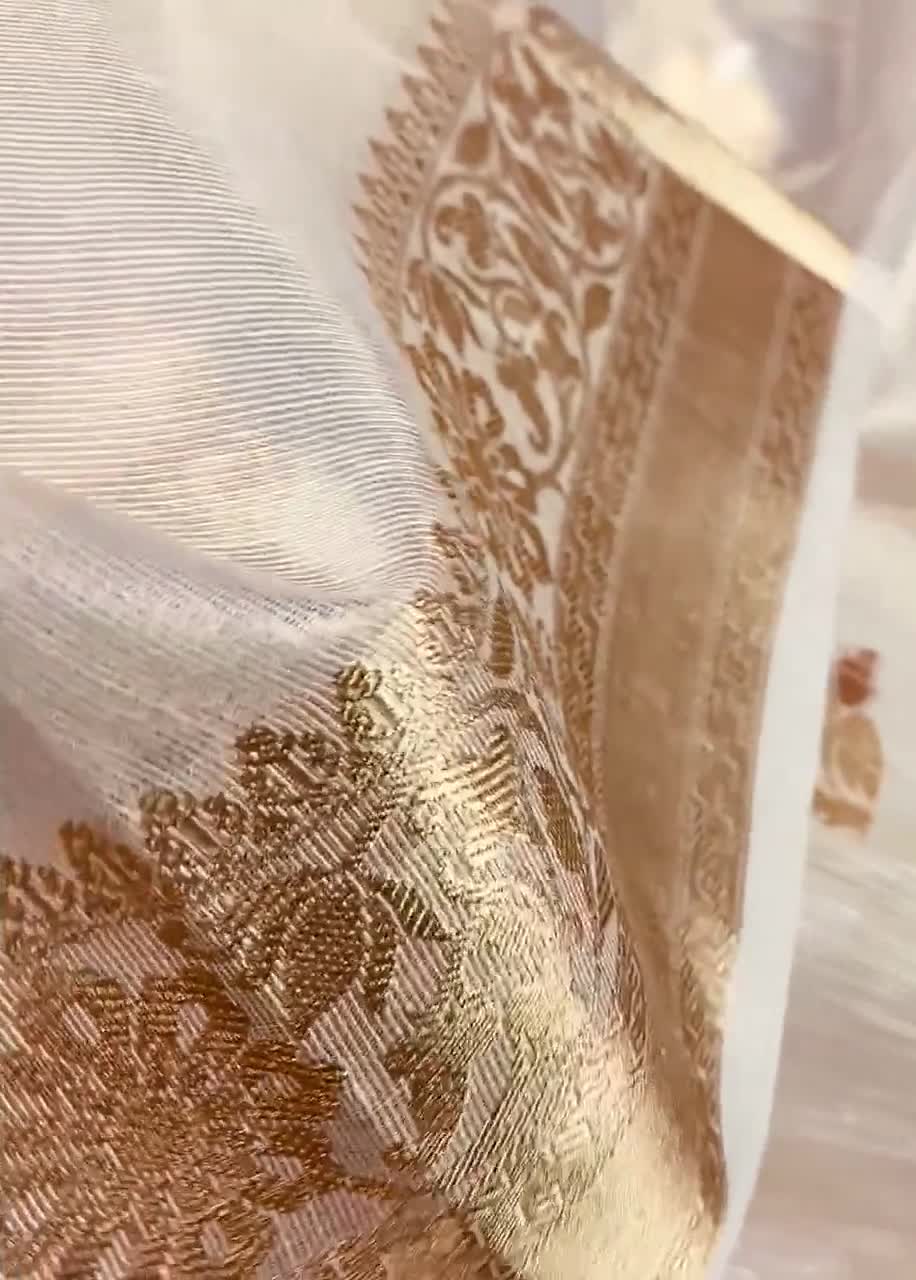 Buy Off White With Tint of Gold Linen Soft Tissue Silk Saree With Banarasi  Borders and Pallu Light Weight Saree Kaash Collection Online in India 