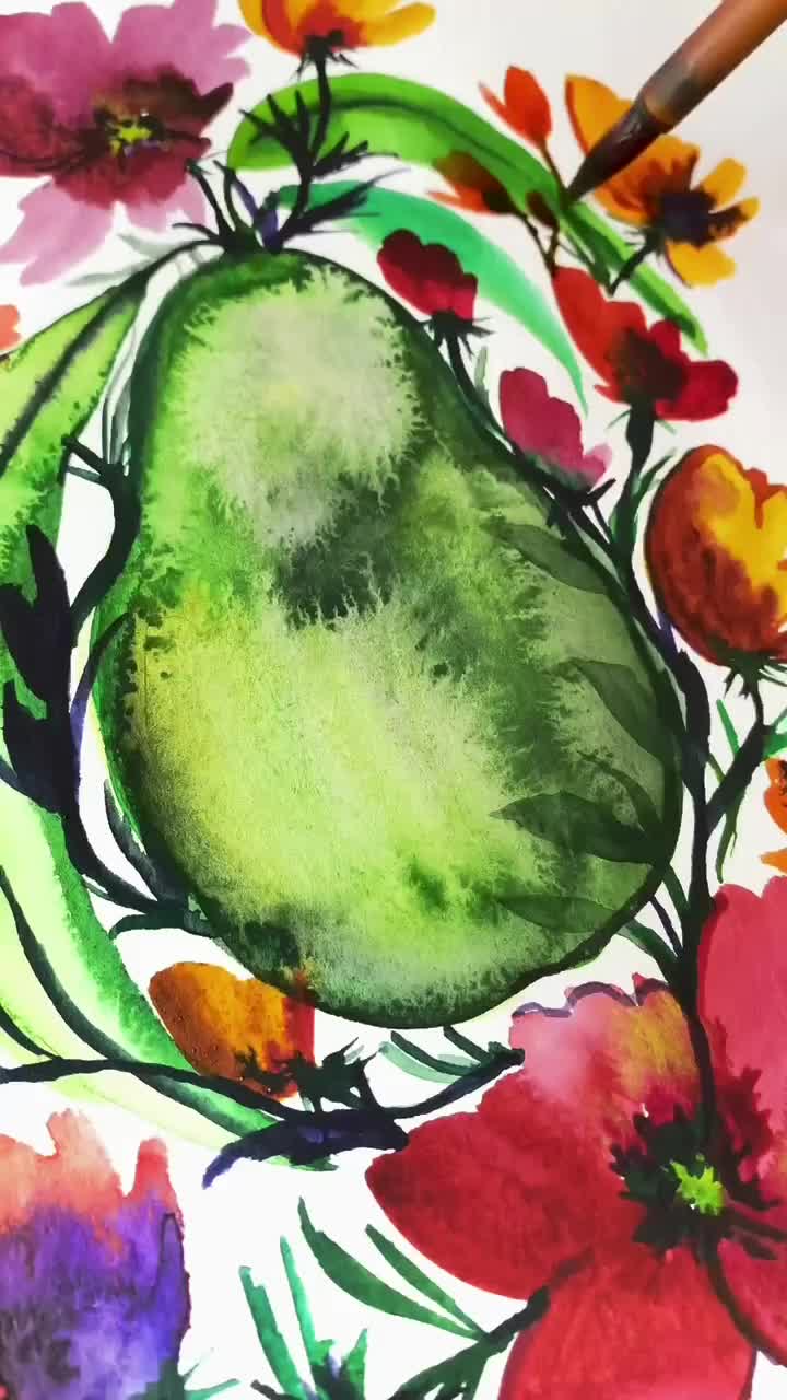緑のウチワサボテンと花の水彩画アートプリント | 砂漠の多肉植物の