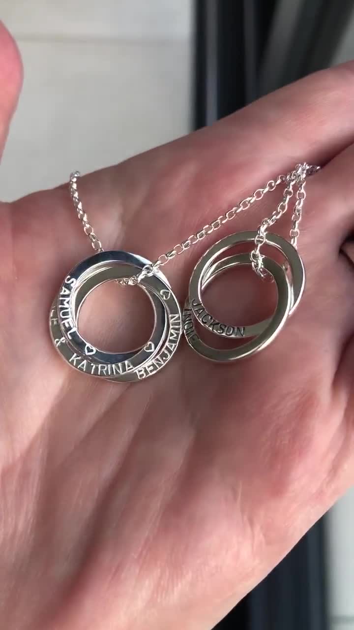 Personalised 3 ring name necklace, sterling silver Russian ring necklace,  childrens name pendant, birthday gift for mum, Mother’s Day gift
