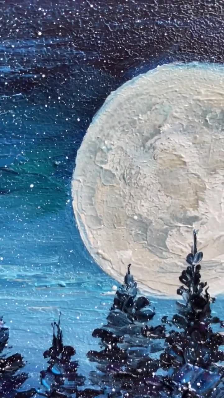 オリジナル満月油絵：夜の森の風景インパストアート（8x6インチ
