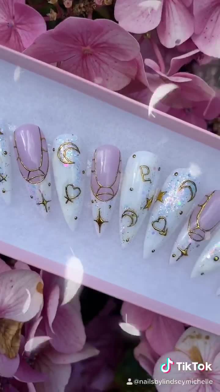 Press on nails, Moon, Celestial, White, iridescent, Unicorn, Kawaii, Gold,  Mermaid, Fae Core, Pastel, Pink French, Faerie, Glitter, Custom