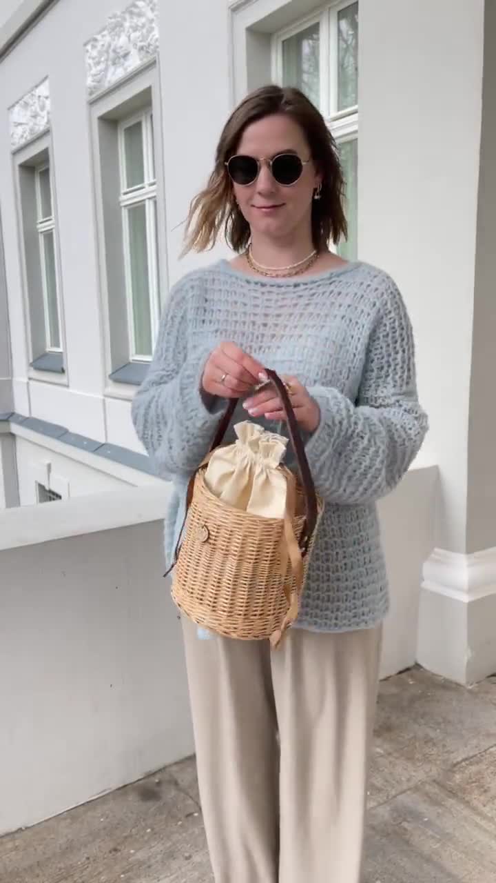 Modern Wicker Bucket Bag With Leather Handle for Women