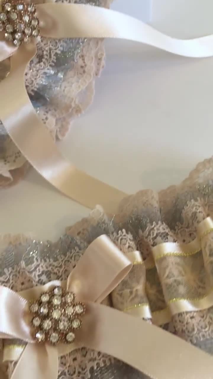 The most beautiful nude, champagne, gold wedding garters - Silk