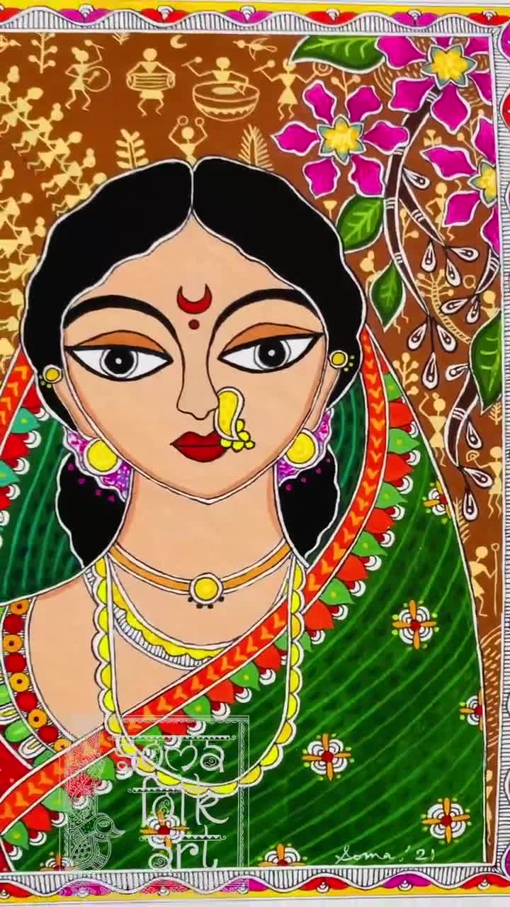 Print Madhubani painting, Marathi Woman, Maharashtra Traditional Style,  Warli painting, Indian Desi Brown Girl, Wall decor