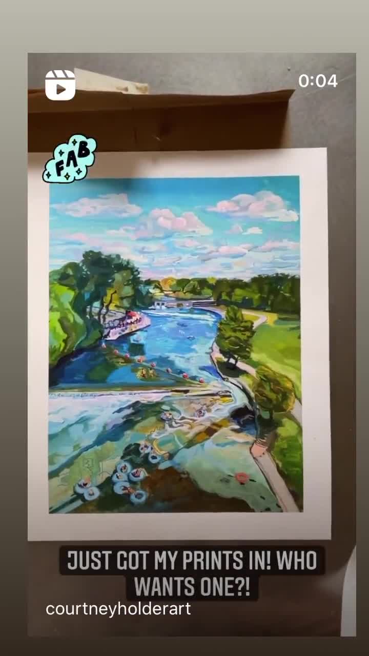 Comal River Tube Chute II, Original Gouache Painting on Paper, Texas River  Series Art for Nature Lovers