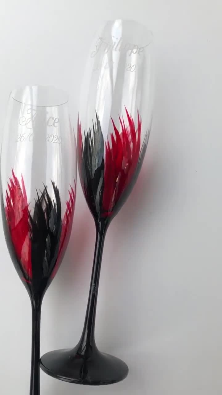 Red and Black Wedding Glasses Champagne Flutes Set of 2 Lace 