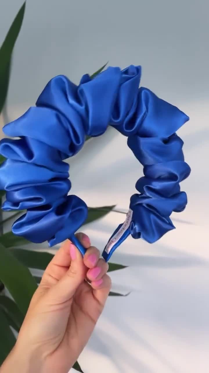 Cobalt Royal Blue Scrunchie Crown Silk Satin Rouched Hair Band Headband  Scrunch Ruffle Bright UK Wedding Races 