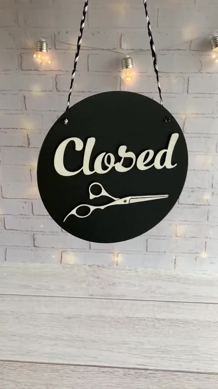 Hair salon Open Closed sign with scissors Business sign Barbershop sign Storefront sign Reversible sign Wooden sign for shop