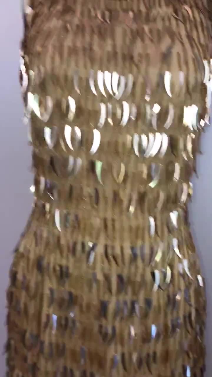 Flashy Fringe Mini Dress / Gold Cocktail Mini Dress / Tassel Beaded Wiggle  Dress / Cattail Sequin Mini
