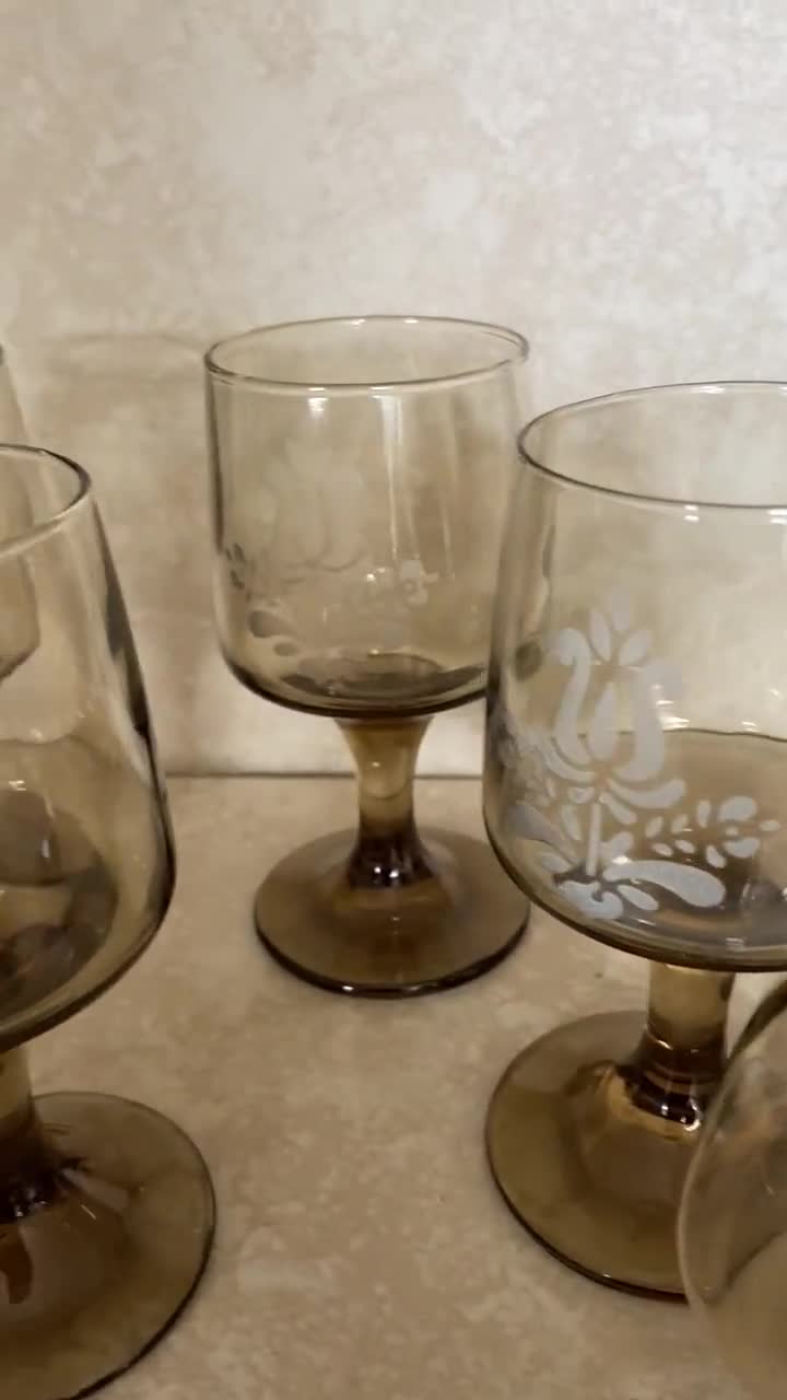 Vintage 1970s Pfaltzgraff Village Wine Glasses Smoke Brown Water Drinking  Glasses Set of 8