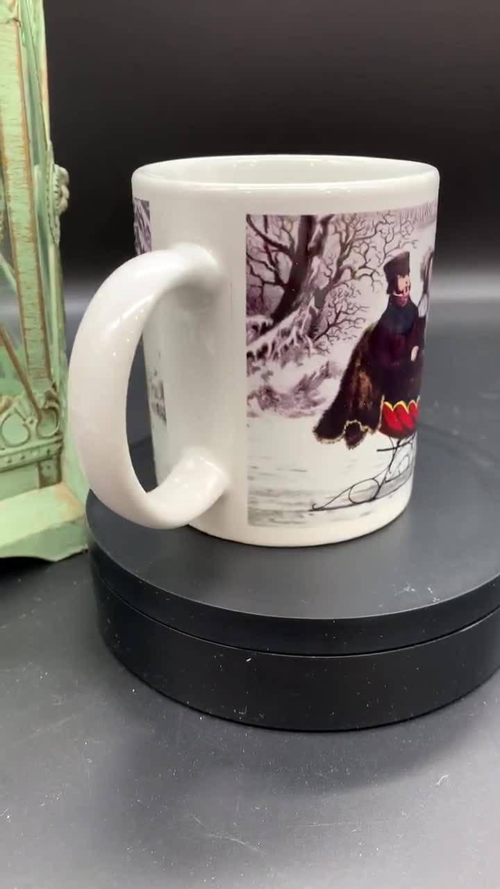 Splendida tazza vintage Currier & Ives The Road Winter, Sleigh Horse,  Grande tazza da caffè, Romantic Winter Ride, Museum of The City of New York  -  Italia