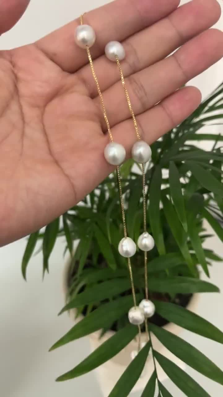 Station Pearl Gold Necklace, 14K Solid Gold Necklace, 22