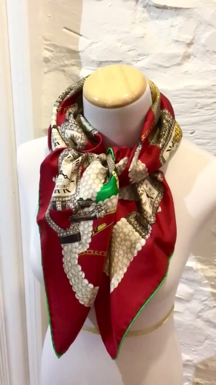 Vintage Cartier Silk Scarf, Large Square Le Temps Watches Design
