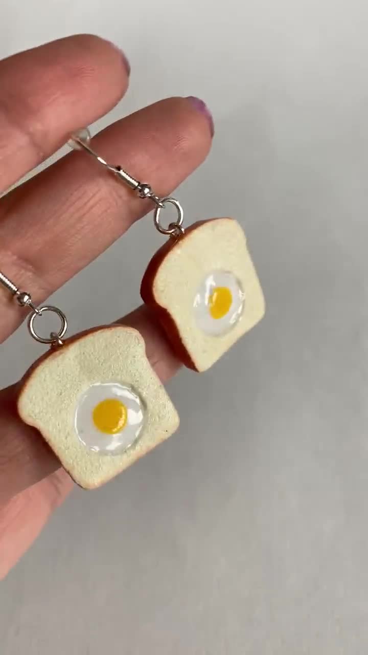 Egg in Toast Earrings, Miniature Food, Polymer Clay Charms