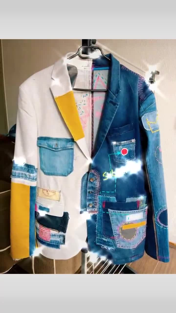 An old-school wool blazer refitted with a patchwork bustier of vintage  denim strips and scraps.⁠ ⁠ #Rentrayage⁠