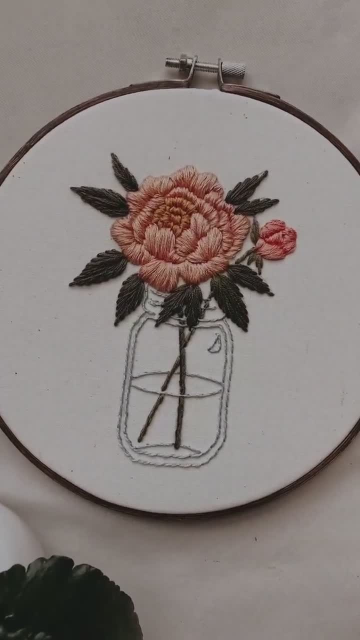Bookshelf embroidery pattern, Mason Jar, Hand Embroidered Books, Flowers, Floral Patte…