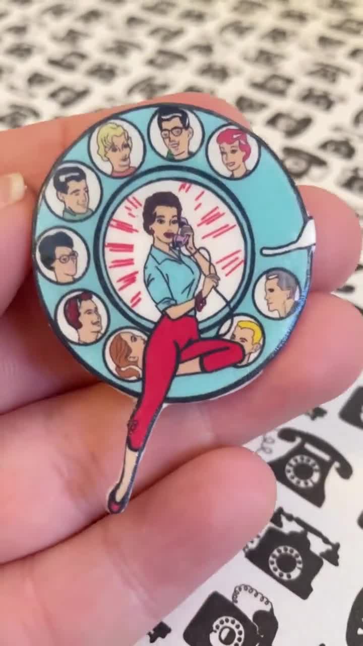 1950's Telephone Teen Girl Pin, Magnet, Sticker, Earrings or