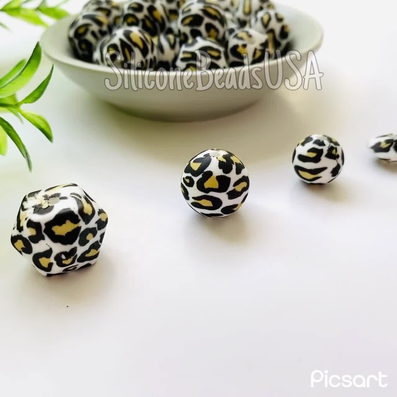 WHITE spotted leopard • cheetah • round silicone beads • 15 mm • silicone  beads • animal print • loose sensory bead • pen for beads lanyard