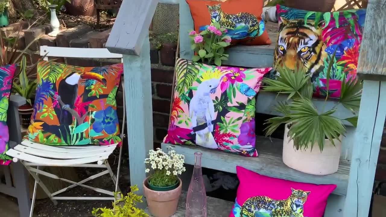 outdoor garden cushion covers ring tailed lemur tropical blush pink uplift  hot tub pool side decor in designer botanical luxe gift her fast