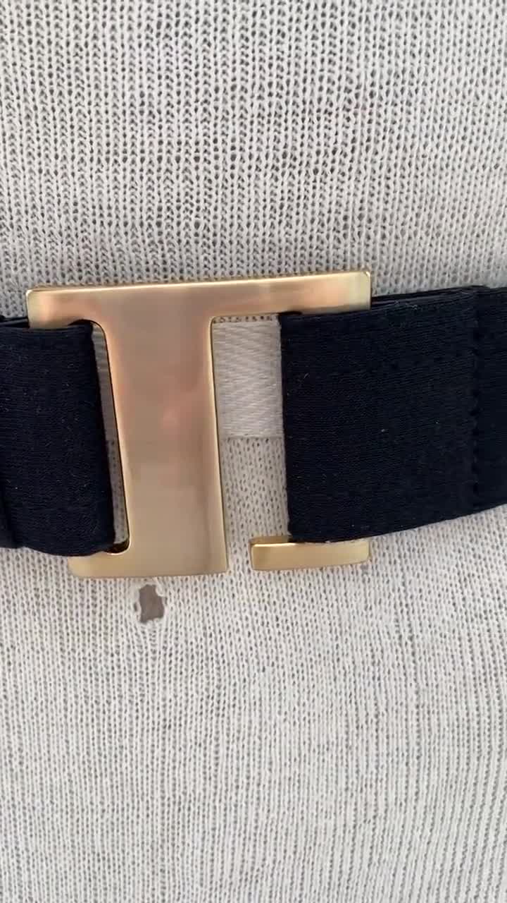 Vintage Black Belt, 90s Black Fabric Belt, Gold Tone Buckle