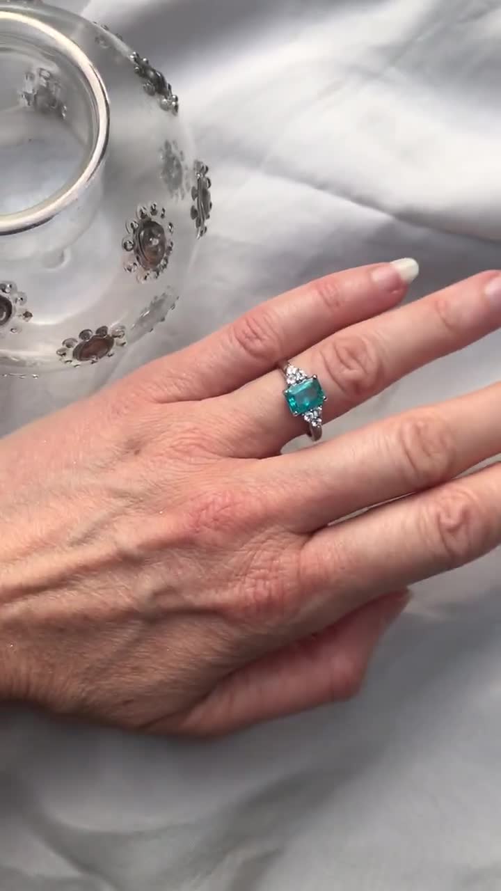 Genuine Paraiba Blue Topaz and White Topaz Emerald Cut Silver Ring