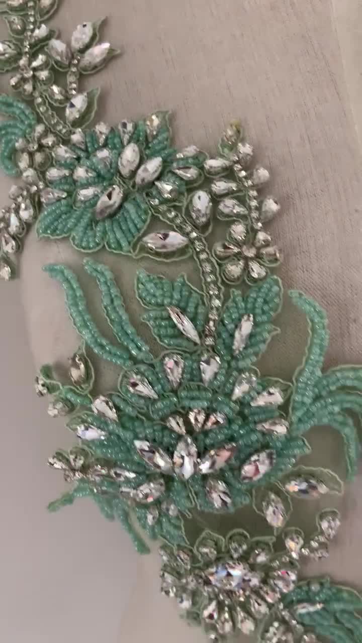 dark green lace applique, heavy bead lace applique, 3D lace applique with  rhinestones, bridal applique, 3d floral, 3d flower applique