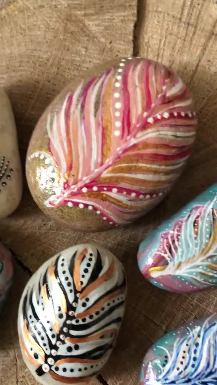Hand Painted Rocks, Assorted Selection of Feather Painted Rocks. Makes a  Great Boho Gift, Simple Home Accessories. Sold Individually. 