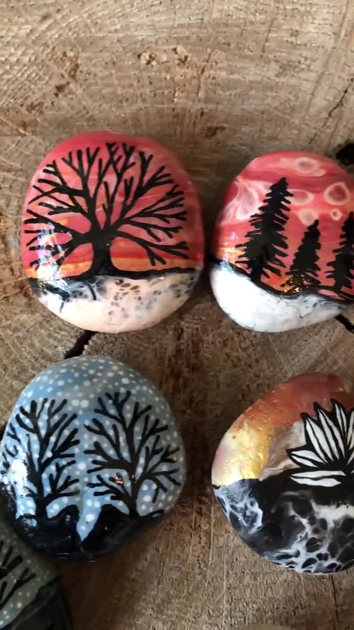 Painted Stones Sea Pebbles With Nature Designs, White Black