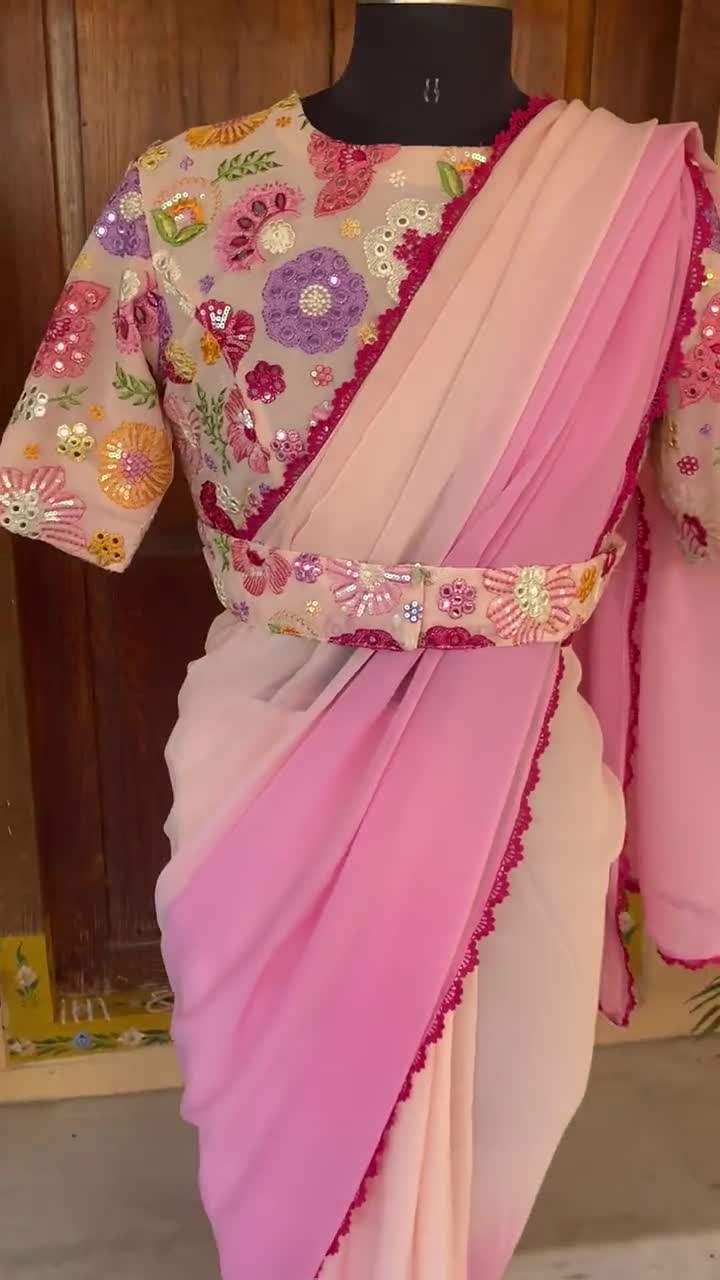 Saree With Stitched Blouse/ Silk Saree Belt Blouse / Blue Saree USA / Soft  Silk Saree Ready Blouse / Cocktail Saree/ Modern Saree Blouse 