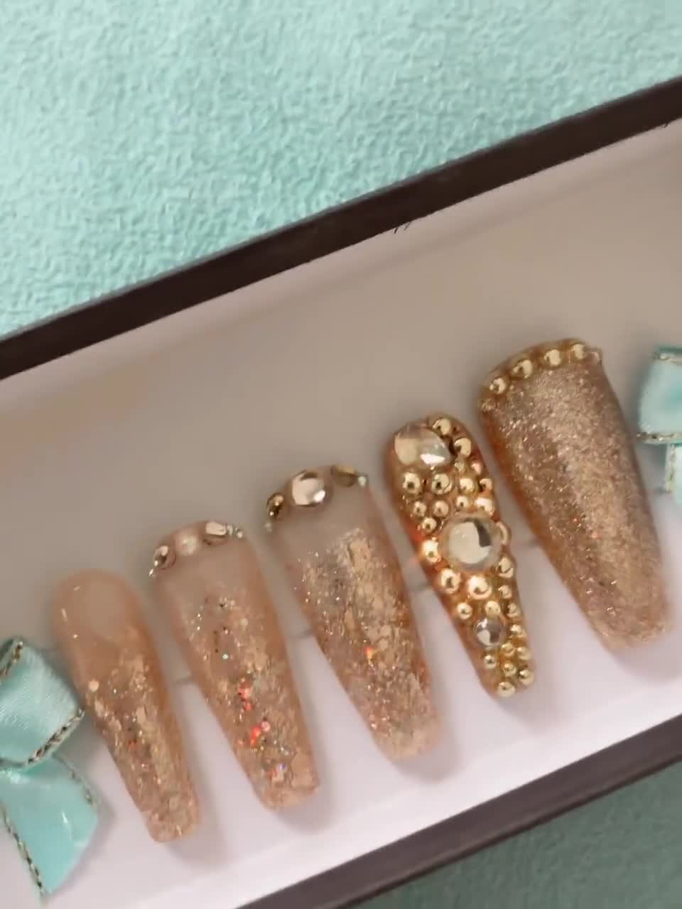Glamorous Gala Extra Long Coffin Beige Press-On Nails with Gold Glitte –  RainyRoses