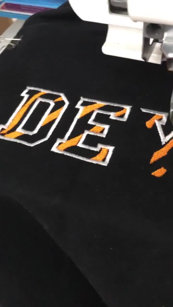 Cinci Made Embroidery Bengals Crewneck - Who Dey Script with The Official Ben-Gal Cheerleaders Silver B Patch XLarge / Black / Hoodie