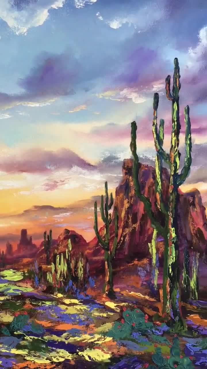 Arizona Sky Desert Cactus Landscape Acrylic Artwork on 18x24 Canvas