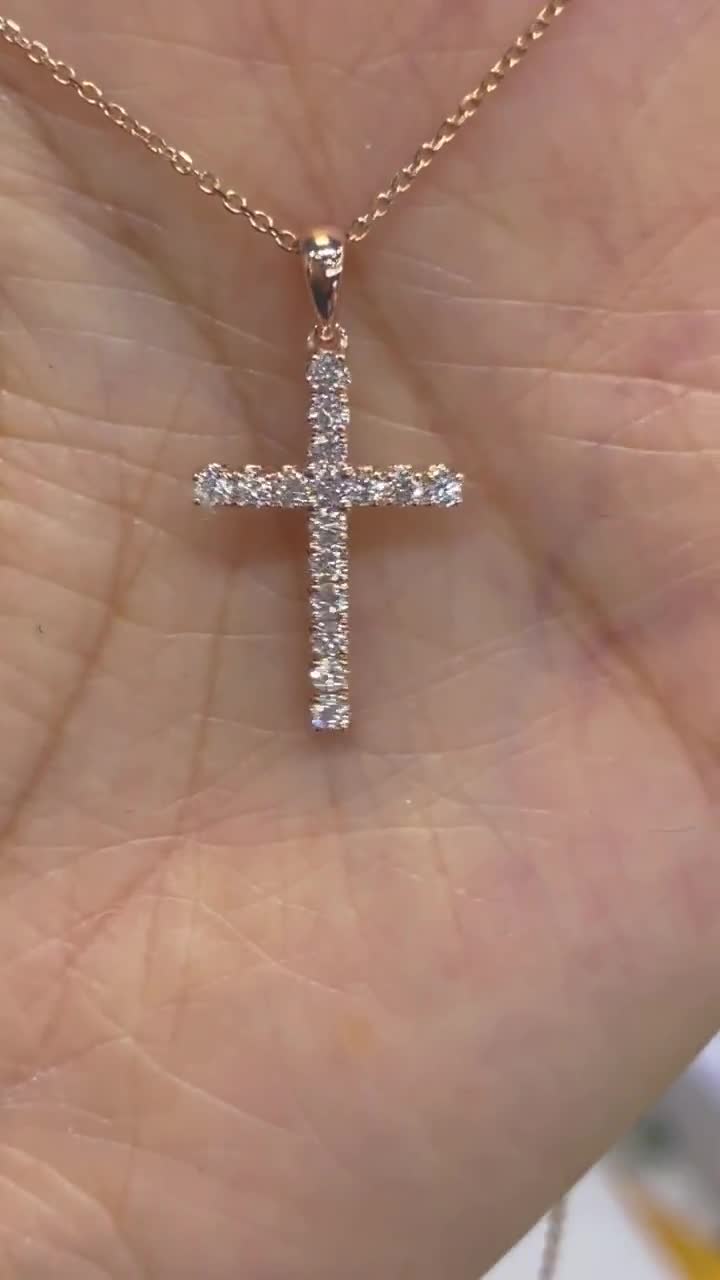 Genuine Diamond Cross, Diamond Cross Necklace, 14K Rose Gold Diamond Cross  Pendant, Dainty Diamond Cross