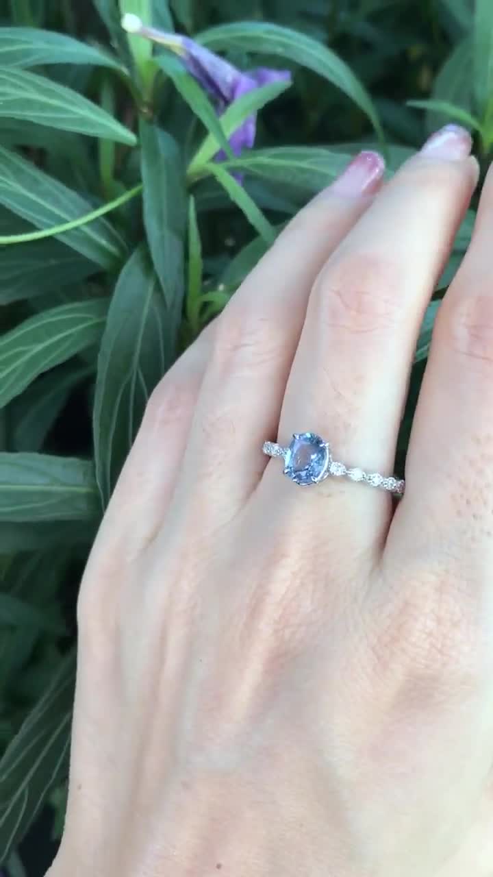 Light Lavender Blue Green Sapphire Ring. Alternative engagement ring. 14k  rose gold diamond ring. Emerald Radiant cut Sapphire ring