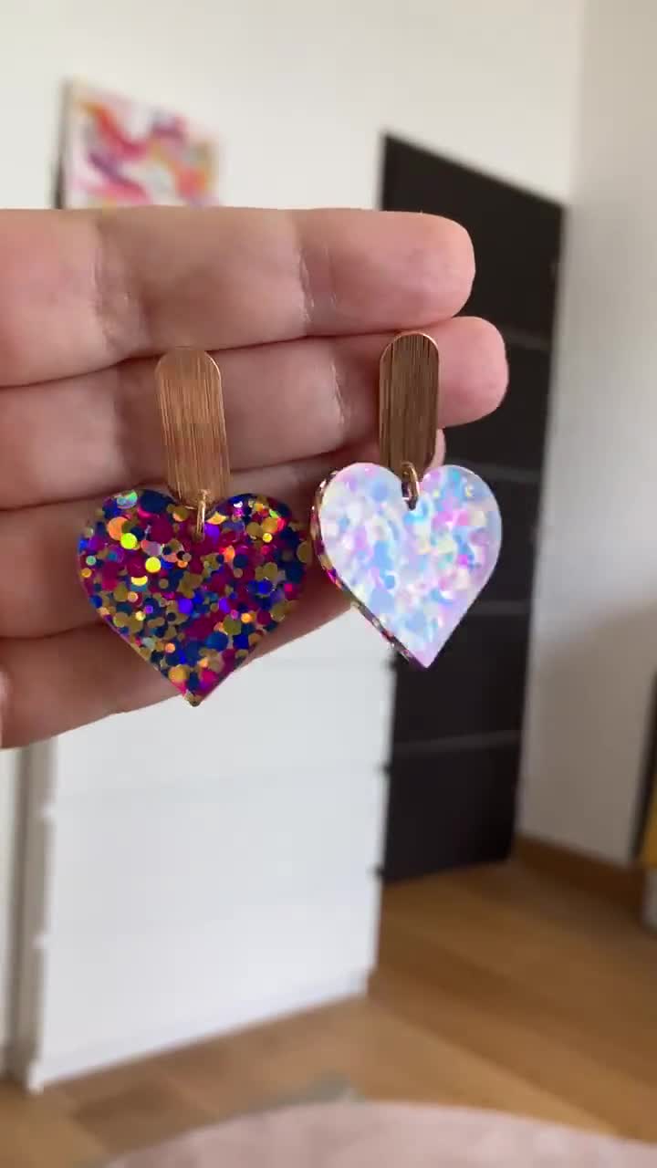 Boucles D'oreilles Pendantes Cœur Fleuri Trèfle – Cristaux Multicolores, Plaqué Or 18K