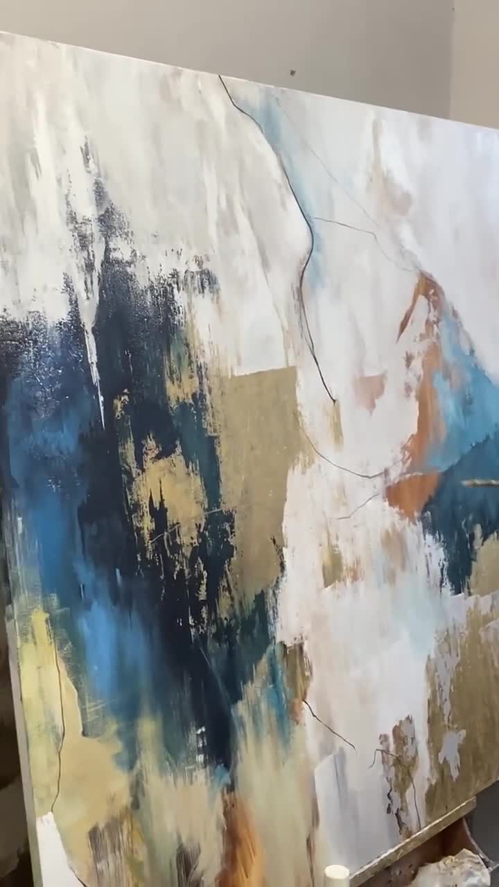 オリジナルの青と金の壁アート | 青と金の正方形の絵画 | キャンバス