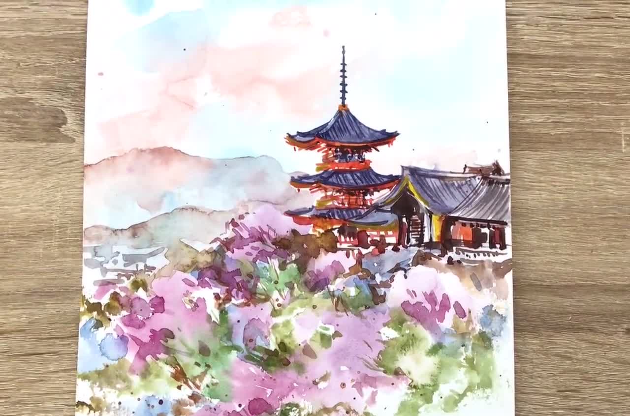 Japanese Watercolor Painting Kyoto Kiyomizudera Temple Sakura