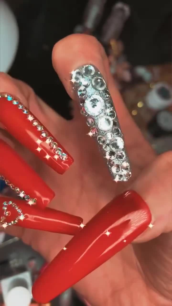 New Set New Me: Swarovski Red&Gold Bling Nails Week 1 1/2 (when a crystal  pops off?) 