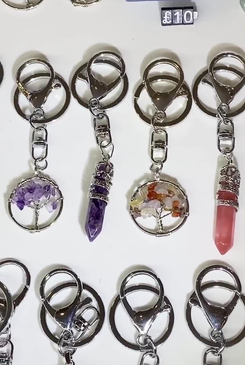 JOVIVI Silver Tree Of Life Amethyst/Rose Quartz/Clear Crystal Healing Reiki Chakra Natural Gemstone Pendant Keychain Keychain Handmade DIY ID Tag Key Ring, Green Aventurine, DIY,Vintage