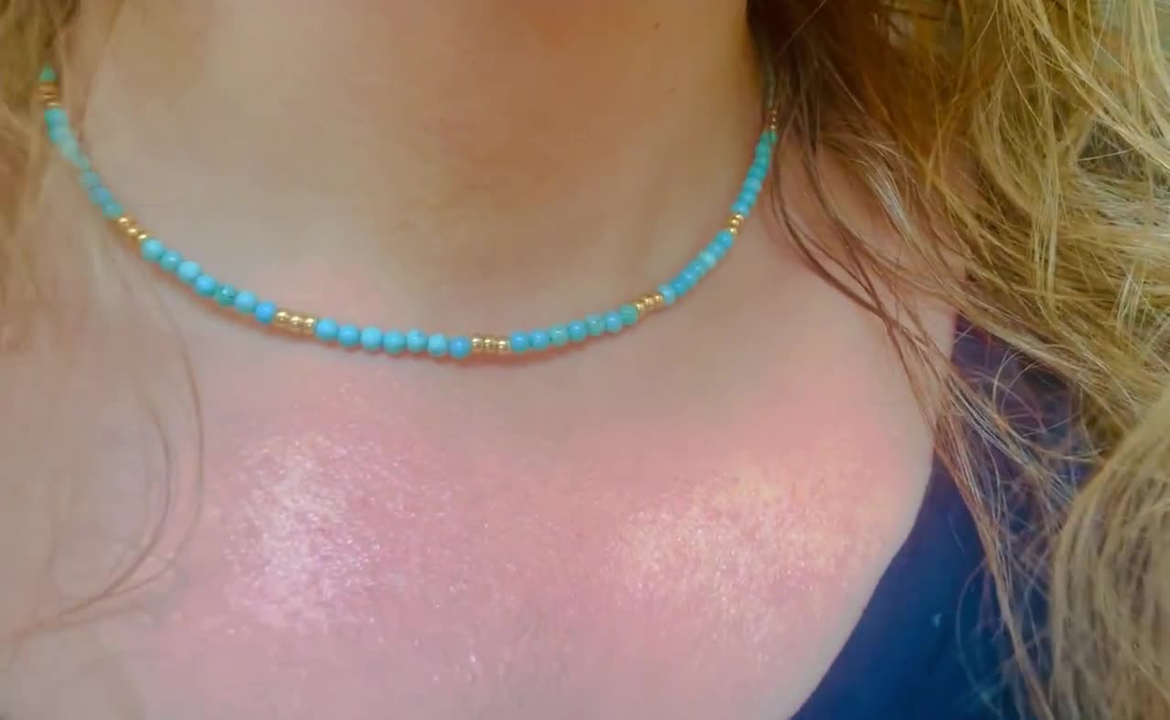 Turquoise Gold Bead Choker Necklace , Tiny Turquoise Gemstone and Gold Seed  Bead Layering Necklace with 14K Gold Clasp