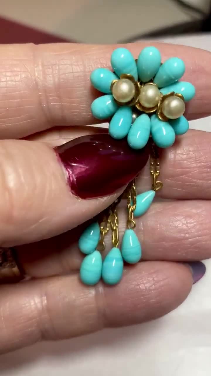 Clips D'oreilles Vintage Années 40, Parurier Louis Rousselet, Pâte De Verre Turquoise Sur Laiton - Occasion